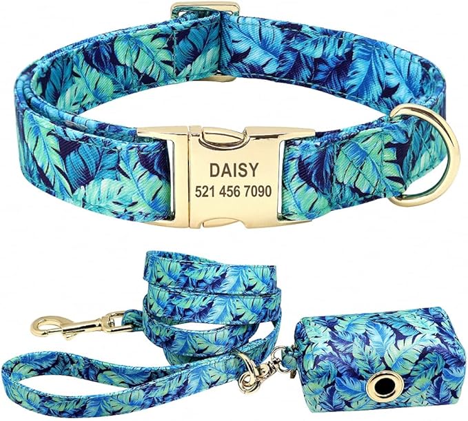 Flower Dog Collar Leash Set Custom Small Medium Large Dog Pet Collars Floral Print Nylon Dog Collars with Treat Bag Snack Bag Blue Set L