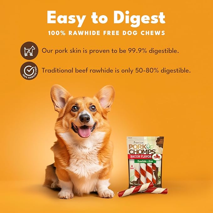Pork Chomps Baked Pork Skin Dog Chews, 6-inch Twists, Bacon Flavor Wrap, 4 Count (Pack of 2)