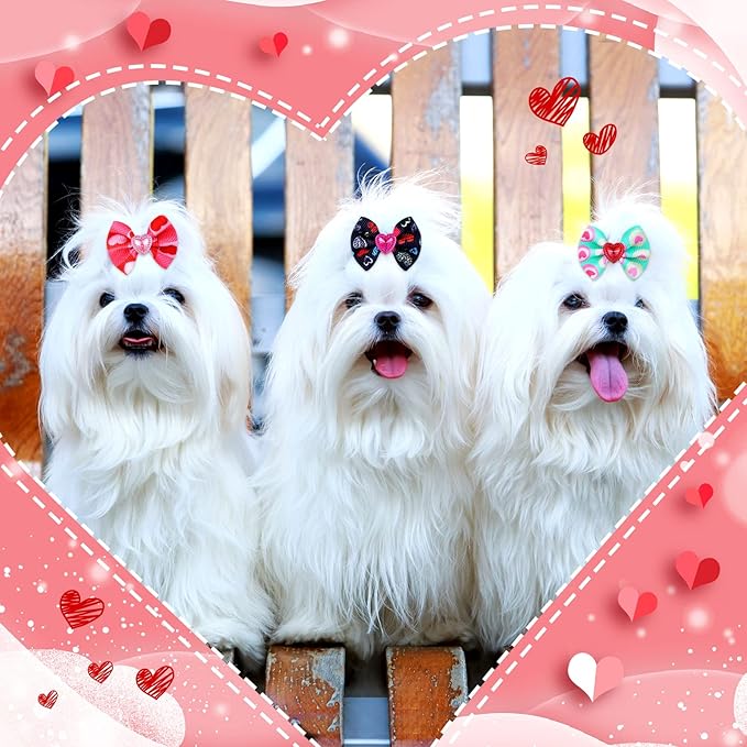Tondiamo 100 Pack Valentine's Day Hair Bows with Rubber Bands Heart Pattern Puppy Bows for Dogs Spring Ear Rhinestone Pet Hair Grooming Accessories for Small Girl Cats