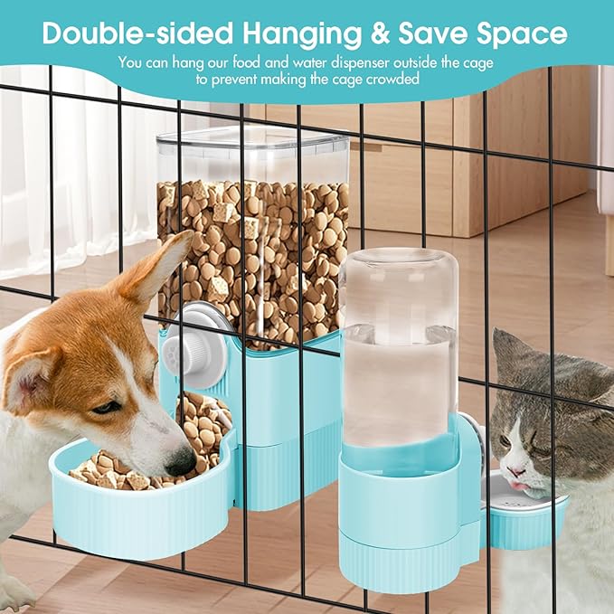 Yummy Sam Hanging Cage Automatic Small Pet Food Bowl Water Bottle Dispenser, Detachable Auto Gravity 1.2L Self-Feeding Feeder and 0.52L Waterer Set Kennel Feeding Station for Puppy Cats(Sky Blue)