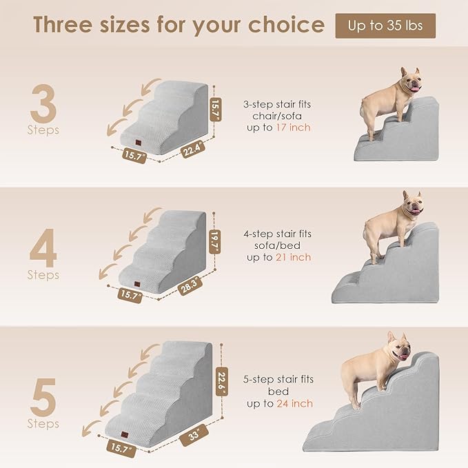 EHEYCIGA Curved Dog Stairs Ramp for Small Dogs 15.7" H, 3-Step Dog Steps for Couch Sofa and Chair, Pet Stairs for Cats, Non-Slip Balanced Pet Steps Indoor, Light Grey