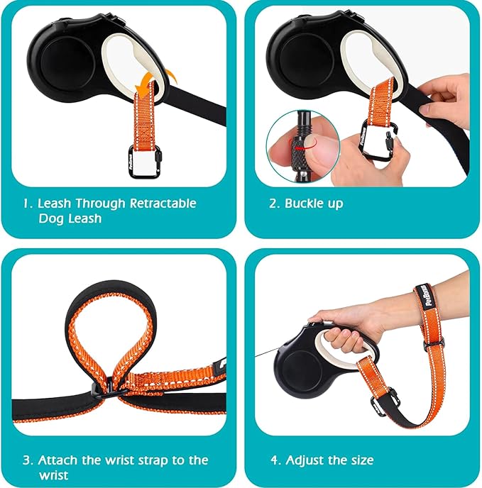 PetBonus Dog Leash Wrist Strap, Safety Strap for Retractable Leash, Lockable Reflective Short Dog Walking Lead with Adjustable Soft Padded Handle, Extra Layer Security for Pet Stroller (Orange)