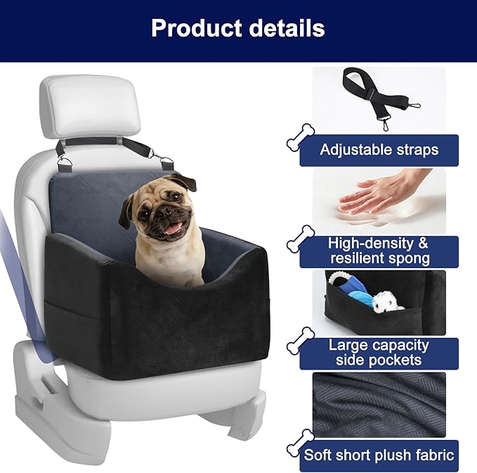 Dog Booster Car Seat for Small/Medium Dogs, Washable Dog Seats with Detachable Cover, Memory Foam Portable Pet Car Seat, Safety Belts, Storage Pockets, up to 30 lbs, Medium(Black)