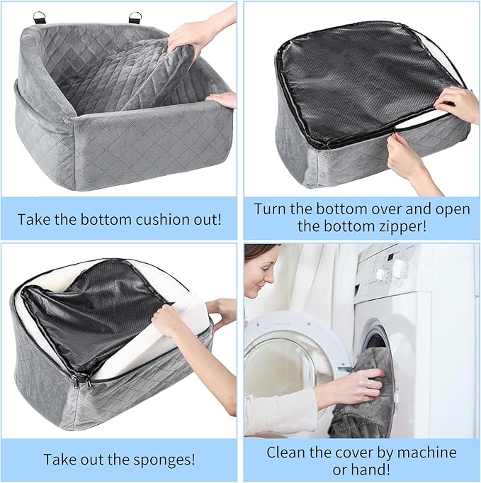 Suitable for Most Vehicles Dog Booster Car Seat for Small Dogs Up to 25-35 Lbs, Fully Detachable & Machine Washable Cover, Adjustable Safety Straps & Leash, Non-Slip Bottom with Storage Pockets（Grey）