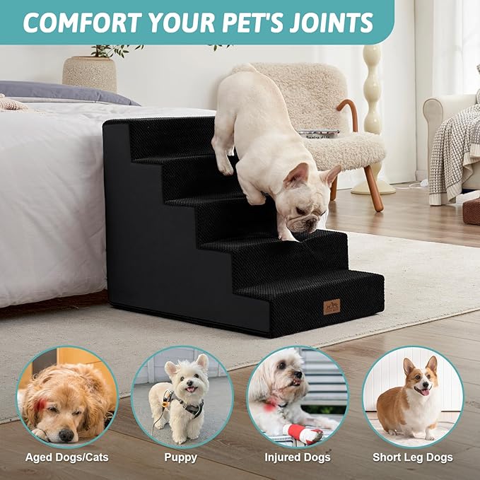 Dog Stairs for Small Dogs 5-Step, 19.7" Extra Wide Right-Angle Pet Stairs for Couch and Beds, Anti-Slip Dog Steps for Old Cats and Lowrider, 19.7x29.5x23.6 inch, Black