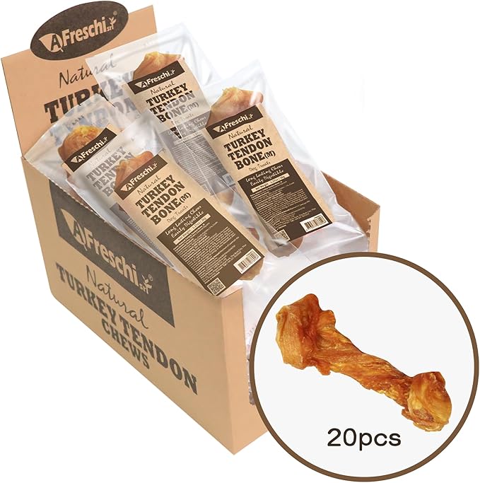 AFreschi Turkey Tendon of Dog Bones Shape, USA-Sourced, Limited-Ingredient, Rawhide-Free, Long-Lasting, All-Natural Dog Treats for Medium Dogs, 20 Count Box (M)