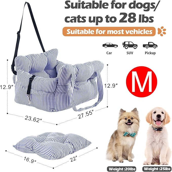 Medium Dog Car Seat Up to 28lbs - Pet Travel Bed Booster with Storage, Safety Tether, Anti-Slip Bottom for Cars(Blue)