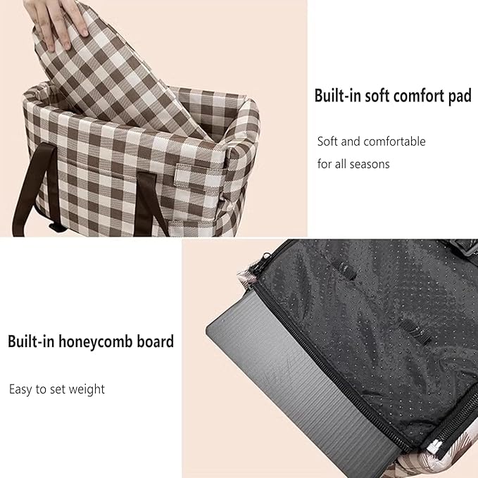 Pet Safety Booster Seat, Center Console Car Seat for Small Dogs Cats, Puppy Armrest Booster Seat, Pet Washable Travel Armrests Bed Bag, Removable Dog Car Seat for Small Pets Up to 13 Lbs (Plaid)