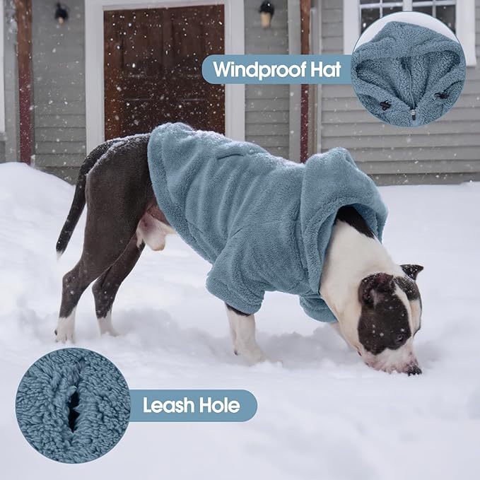 IDOMIK Fuzzy Dog Sweater with Adjustable Hood, Warm Fleece Dog Sweater Hoodie with Harness Hole & Pocket, Pullover Sweaters for Large Dogs, Fuzzy Hooded Sweatshirt for Fall Winter Christmas,Blue,2XL