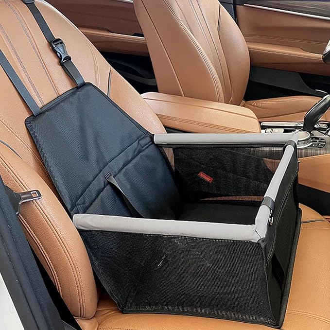 Waterproof Carrier Bed - Puppy Travel Seat, Dog Car Booster | Adjustable Buckle Harness Crate, Storage Pocket Basket, Removable Cushion with Driving Scenario