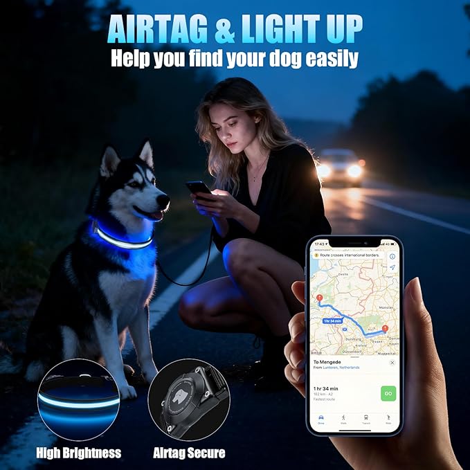 LED AirTag Dog Collar - Brightest Light Up Dog Collars - IP68 Waterproof Air Tag Dog Collar Holder - 1,600 Feet of High Visibility - Magnetic Charging - Dog Lights for Night Walking, Black XL
