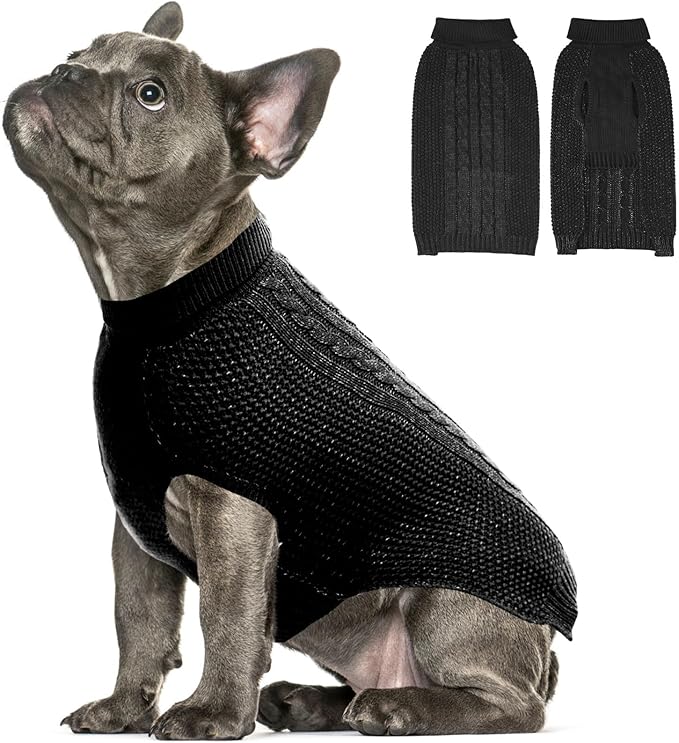 XS Dog Sweater, Classic Cable Knit Warm Dog Sweatshirt with Reflective Yarn for Girl Boy, Halloween Fall Winter Coat Turtleneck Pullover Clothes Apparel for Small Medium Large Dogs (Black XS)