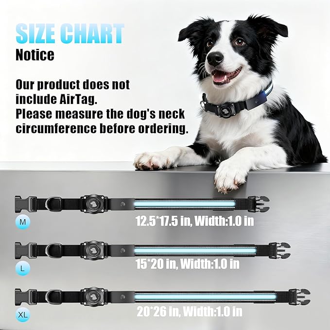 LED AirTag Dog Collar - Brightest Light Up Dog Collars - IP68 Waterproof Air Tag Dog Collar Holder - 1,600 Feet of High Visibility - Magnetic Charging - Dog Lights for Night Walking, Black M