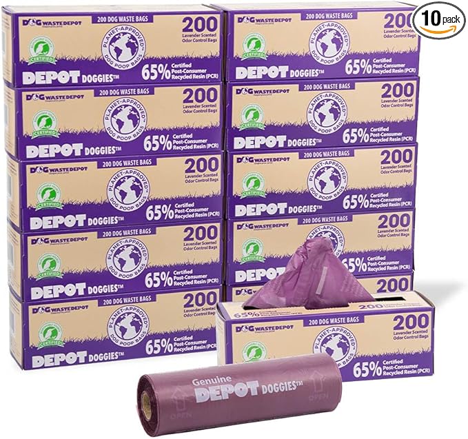 Dog Waste Depot® Depot Doggies™ - Purple - Lavender Scented - 65% (PCR) Post Consumer Recycled Dog Waste Roll Bags - 50% thicker than competitor, fits the House dispenser (10 Rolls = 2000 bags)