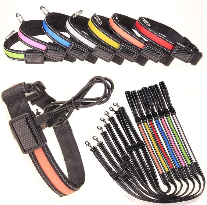 LED Dog Collar and Leash Light USB Rechargeable Color Changing, Glow in The Dark Dog Collars and Leash Waterproof (Pink, Small Collar:L:17", D:8.5", W:1")
