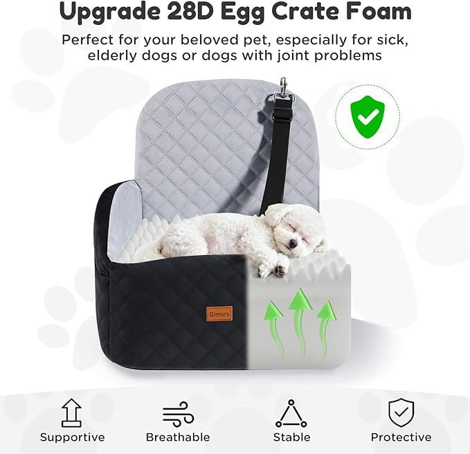 Gimars Reversible Dog Car Seat with Long & Short Plush Seat Cushion for Small/Medium Dogs Up to 40lbs, Detachable Washable Anti-Slip Dog Booster Seat with 5.9'' 28D Egg-Crate Foam, Safety Belt, S