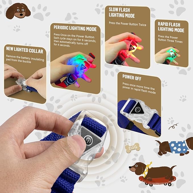 Small Light Up Dog Collar, Cotton Blue Dog Collar Girl Boy, Lighted Dog Collars for Night, IP67 Waterproof Lighted Dog Collars for Small Dogs with Buckle, D-Ring (9.8"-15.7" L, 3/4" W)
