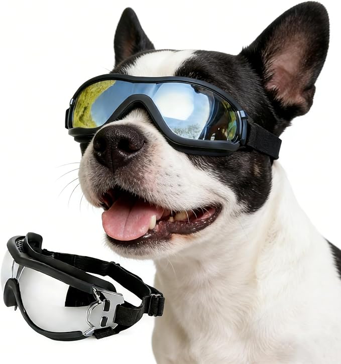 Namsan Medium Dog Goggles, UV Protection Goggles for Dogs Small Medium Breed, Doggy Sunglasses with Adjustable Straps, Windproof Dog Eye Protection for Outdoor Activities, Black