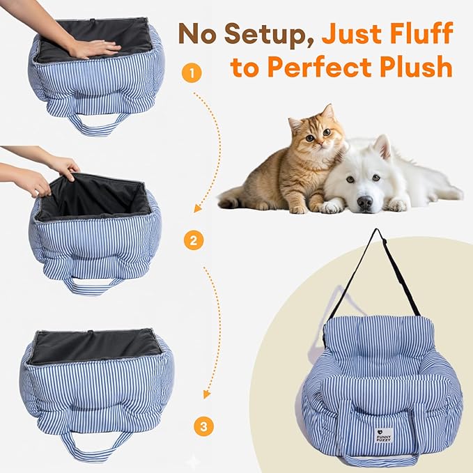 Funny Fuzzy Dog Car Booster Seat for Small Medium Dogs Up to 25lbs, Waterproof Fabric with Non-Slip Base & Safety Leash, Fully Detachable & Machine Washable (Light Blue)