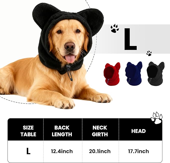 Dog Snood Winter Hood with Ear Protection, Fleece Neck Warmer for Dogs, (Red, Large)