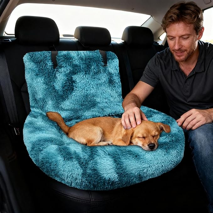 Dog Car Seat Bed, Fluffy Pet Travel Seat, Removable Washable Cushion, Non-Slip Bottom, Protects Car from Dirt/Scratches, Suitable for Small, Medium Dogs/Cats & All Vehicles (Cyan)