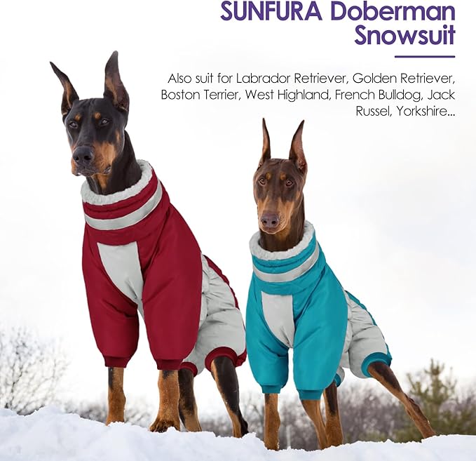 SUNFURA Full Body Dog Coat - Warm Fleece Jacket for Large Dogs, Turtleneck Winter Coats with Harness, Reflective Dog Snowsuit Windproof Puffer Jackets with Legs for Weimaraner, Burgundy XL