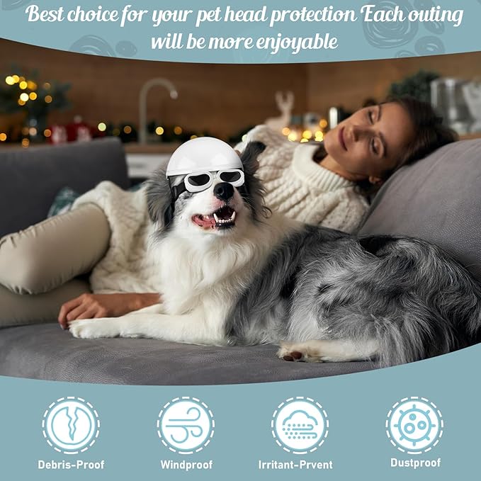 Frienda Dog Helmet and Goggles, UV Protection Doggy Sunglasses and 4 Inch Padded Puppy Motorcycle Helmet Adorable Dog Goggles with Adjustable Belt for Small Dogs Puppy Riding (White,L)