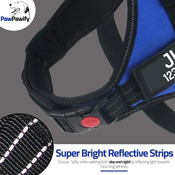 Personalized No Pull Dog Harness with Custom Name and Phone Number by PawPawify, Heavy Duty Pet Vest to Prevent Tugging, Pulling, or Choking, Training and Walking Blue