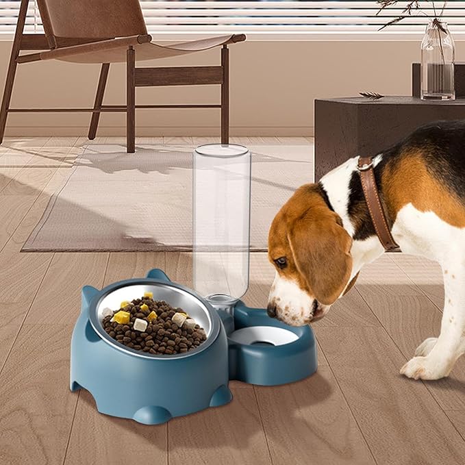 Cat Food and Water Bowl Set, Automatic Dog Dish Bowl with Water Dispenser, Removable Drinking and Eating Bowls, No-Spill Pet Feeder for Puppy, Medium Dogs & Cats (Blue)
