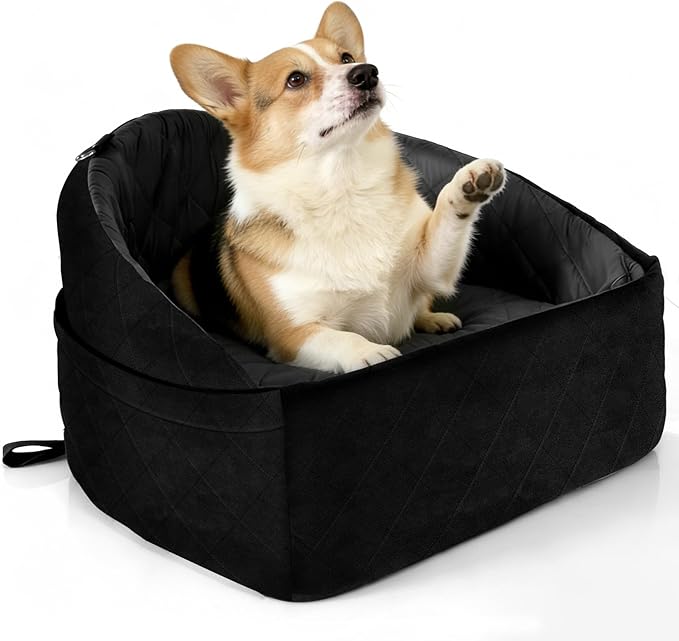 Small Dog Car Seat (Up to 30 lbs), Versatile Travel Bed Booster for Front or Back Seats, Removable and Machine Washable, Includes 2 Storage Pockets - Black