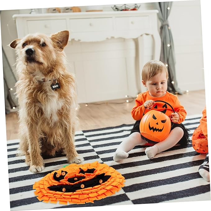 VANZACK Pumpkin Shaped Dog Snuffle Mat Sniffing Pad for Mental Stimulation Pet Enrichment Soft Polar Fleece Material Space Saving Design for Interactive Feeding Play
