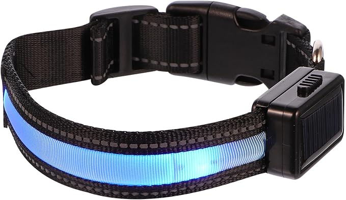 LED USB Rechargeable Dog Collar, Blue Small Glowing Pet Collar with Solar-Powered Flashing Light for Night Walking and Outdoor Safety