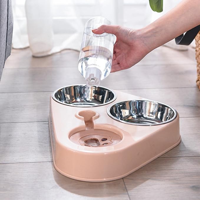 Triple Cat Bowl, Pet Water and Food Bowl Set, Prevent Spill Automatic Water Dispenser Bottle, Detachable Stainless Steel Pet Feeder for Cat, Dog, Puppy, Rabbit, Bunny