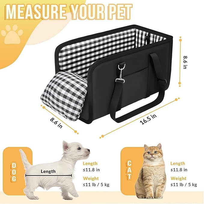 Center Console Dog Car Seat for Small Dogs Up to 11lbs Anti-Collapse Armrest Booster Seat with Headrest Stabilizing Straps Portable Pet Carrier Bag Travel Safety Kennel with Internal Tether (Black)