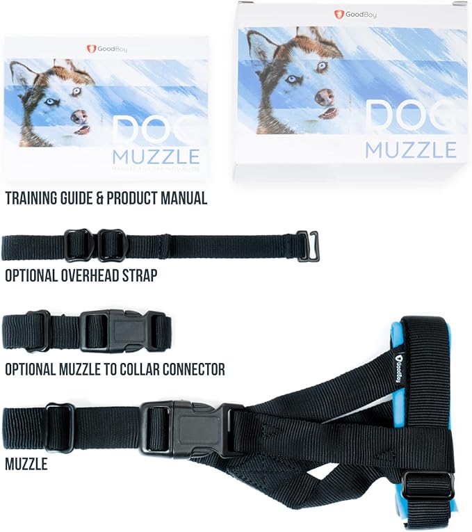 Gentle Muzzle Guard for Dogs - Prevents Biting and Unwanted Chewing Safely – New Secure Comfort Fit - Soft Neoprene Padding – No More Chafing – Training Guide Helps Build Bonds with Pet (XL, Blue)