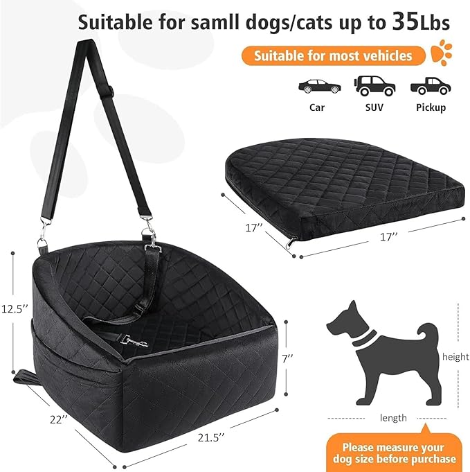 Car Dog Seat for Small Dogs, Extra Stable with Safety Seat Belt, for Back and Front Seat, Black