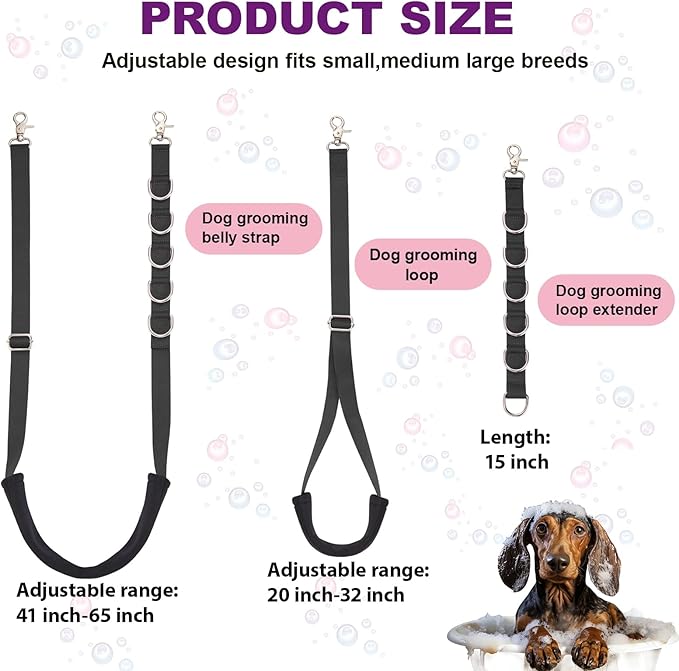 Dog Grooming Belly Strap - 3PCS Grooming Restraint Set Adjustable Belly Band Loops Strap with Padded Support & Loop Extension Straps Pet Grooming Harness Kit for Dogs (Black)
