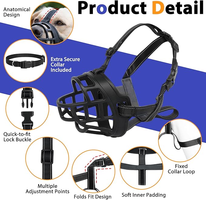 BARKLESS Dog Muzzle, Soft Silicone Basket Muzzle for Dogs, Allows Panting and Drinking, Prevents Unwanted Barking Biting and Chewing, Included Collar and Training Guide