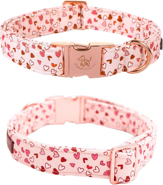 Elegant Little Tail Pink Heart Dog Collar, XL, Cotton, Unique Design, Hearts, Multiple Occasions, Large Dogs
