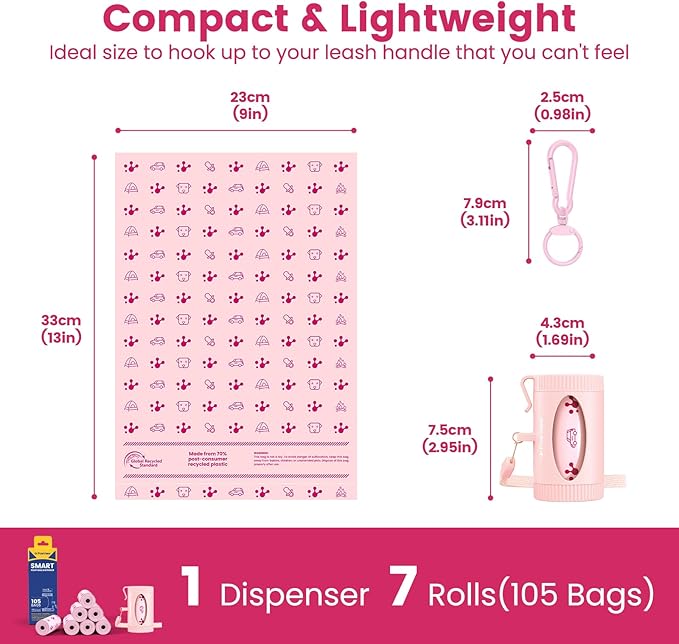 Dog Poop Bag Rolls with Retractable Poop Bag Holder, Leak Proof and Extra Thick Lavender Pet Waste Bags, 70% Recycled GRS Certified, 1 Dispenser and 105 Bags for Doggy Walking & Cat Litter