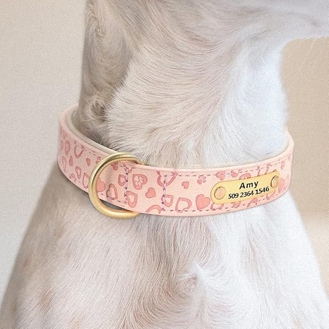 Personalized Dog Collar Soft Leather Custom Puppy Collar Printed Pitbull Collars Pets Products for Small Medium Large Dog Pink XL