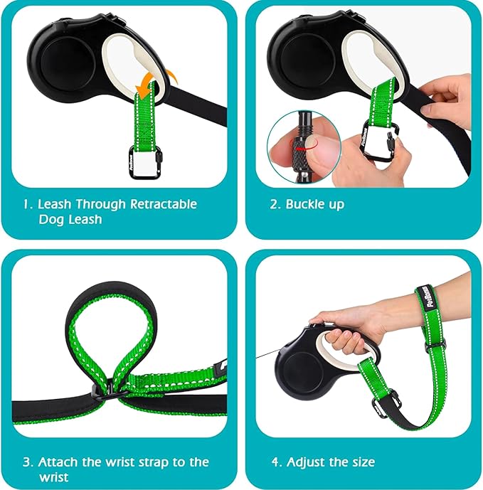 PetBonus Dog Leash Wrist Strap, Safety Strap for Retractable Leash, Lockable Reflective Short Dog Walking Lead with Adjustable Soft Padded Handle, Extra Layer Security for Pet Stroller (Grass Green)