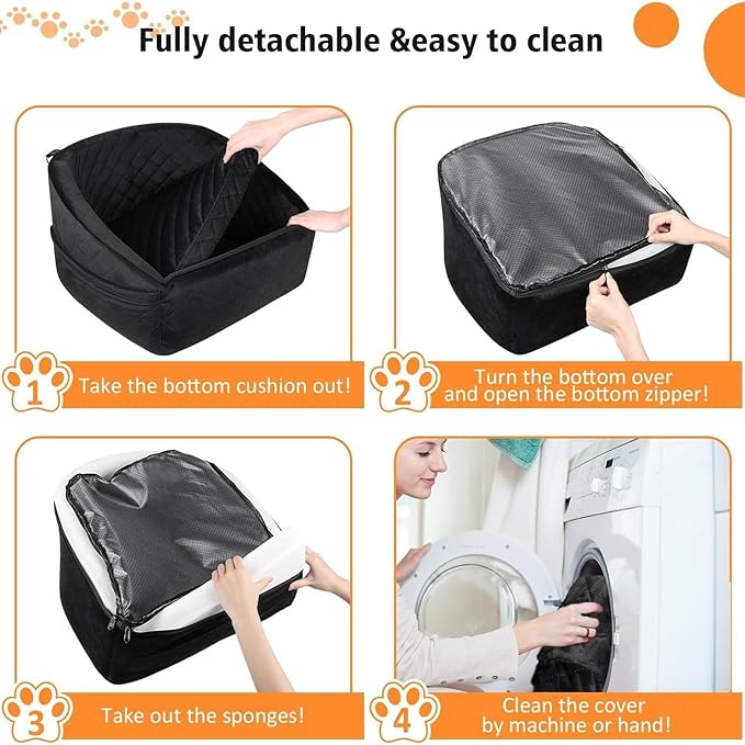 Dog Car Seat for Small & Medium Dogs – Washable & Detachable Pet Booster Seat with Safety Belt, Non-Slip Travel Bed for Cars, Fits Pets Under 20lbs, Storage Pockets (Black)