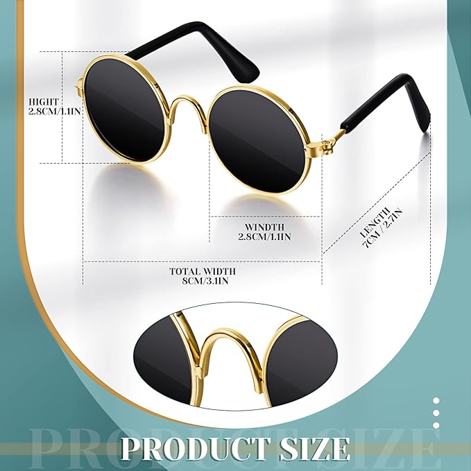 Xuniea 2 Pieces Cat Dog Chain Collar and Sunglasses Set Rhinestone Necklace with Secure Buckle Round Glasses for Doll Cat Dog Pet Accessories(12 Inch,Gold, Black)