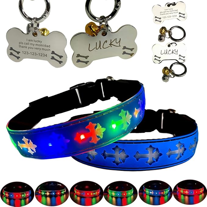 LED Dog Collar with ID Tag Set, Glowing Cross Pattern, Multiple Colors, Silicone Material (Blue Pro, M(11.8-15.7"))