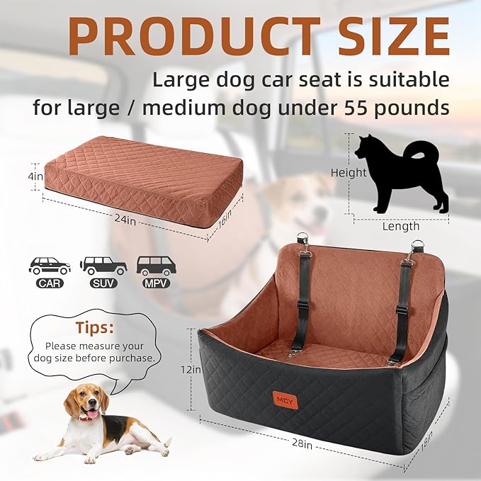 Dog Car Seat for Medium/Large Dog Booster Seat Under 55 lbs or 2 Small Dogs, Memory Foam Cushion, Washable Cover, 2 Safety Straps, Non-Slip Bottom, Pets Sofa Bed, Black