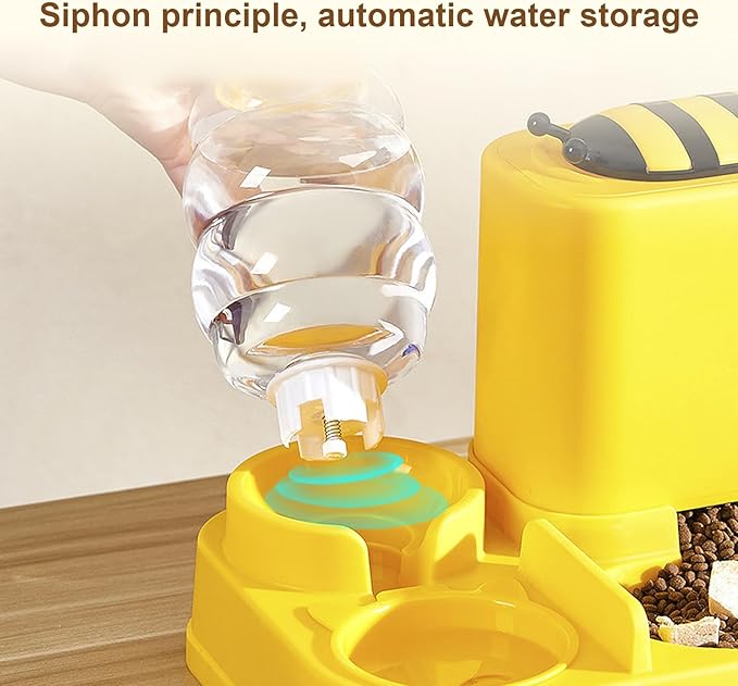Mangeoirs Et Abreuvoirs Pour Chats, 2 in 1 Bee/Cactus Pets Water and Food Bowl Set, Gamelle Chat, Large Capacity Automatic Cat Feeders Gravity Food Feeder and Waterer Set for Dogs Cats (Yellow)