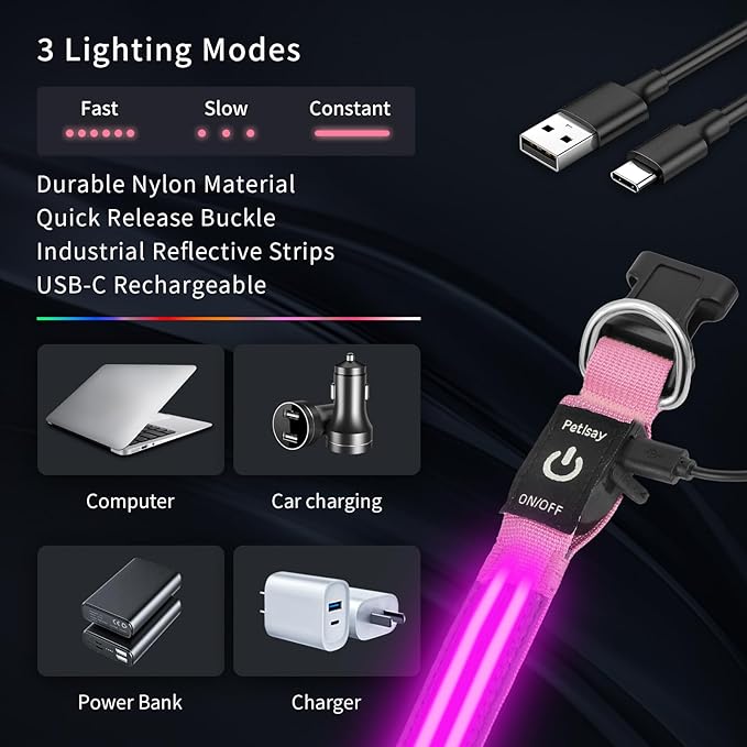 PetIsay Dog Light up Collar for Night Walking - High Visibility LED Dog Collar - Rechargeable - Waterproof - Reflective - Adjustable Lighted Glow Collars(Pink, XLarge)