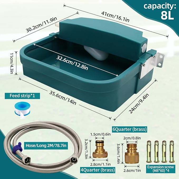 8L Large Automatic Animal Drinking Water Bowl, Livestock Water Trough Dispenser with Water Pipe & Float Valve & Drain Hole for Cattle Horse Sheep Dog Indoor/Outdoor Easy to Clean