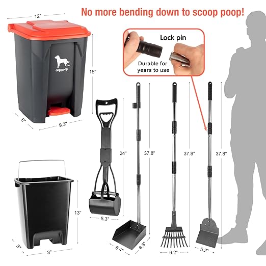 Dog Pooper Scooper, 7Pcs Set Poop Trash Can with Removable Inner Bucket, Long Handle Tray & Rake, 60 Waste Bags, Dog Waste Large Bin Waterproof for Outdoor, Backyard, Garden